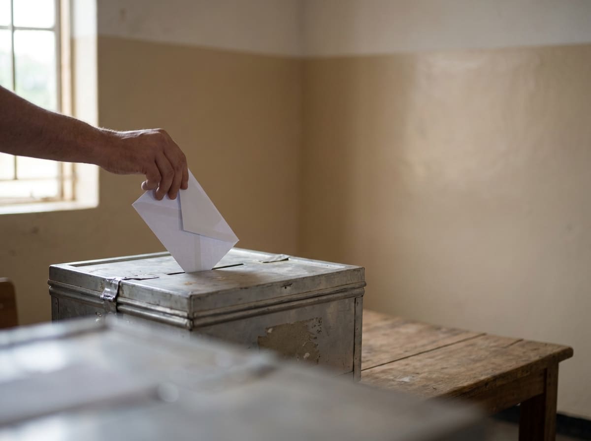 Volič vhazuje hlasovací obálku do volební urny ve volební místnosti