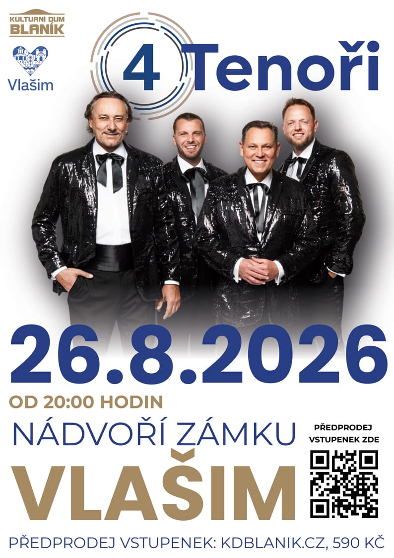 Oficiální plakát koncertu 4 Tenoři na nádvoří zámku Vlašim 26. srpna 2026