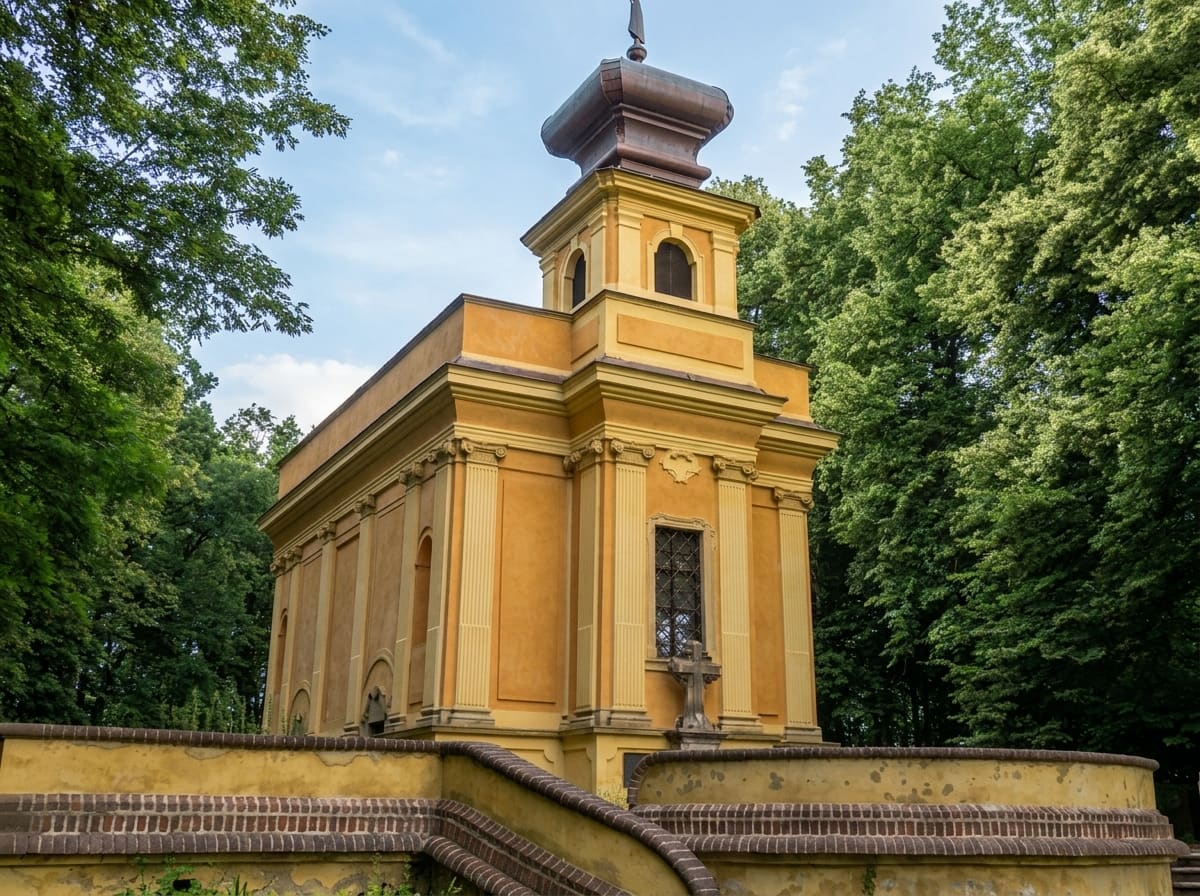 Boční pohled na Loretánskou kapli s cihlovým schodištěm terasy