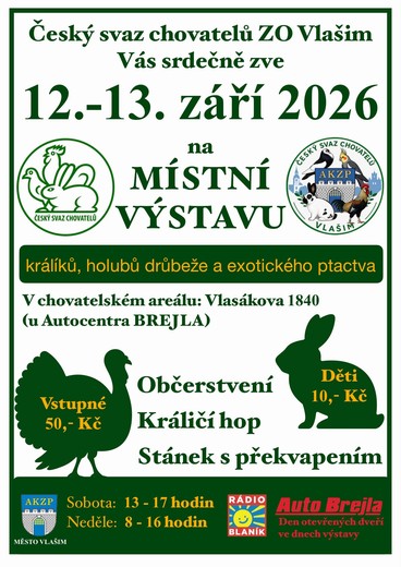 Plakát místní výstavy drobného zvířectva ve Vlašimi 12. a 13. září 2026