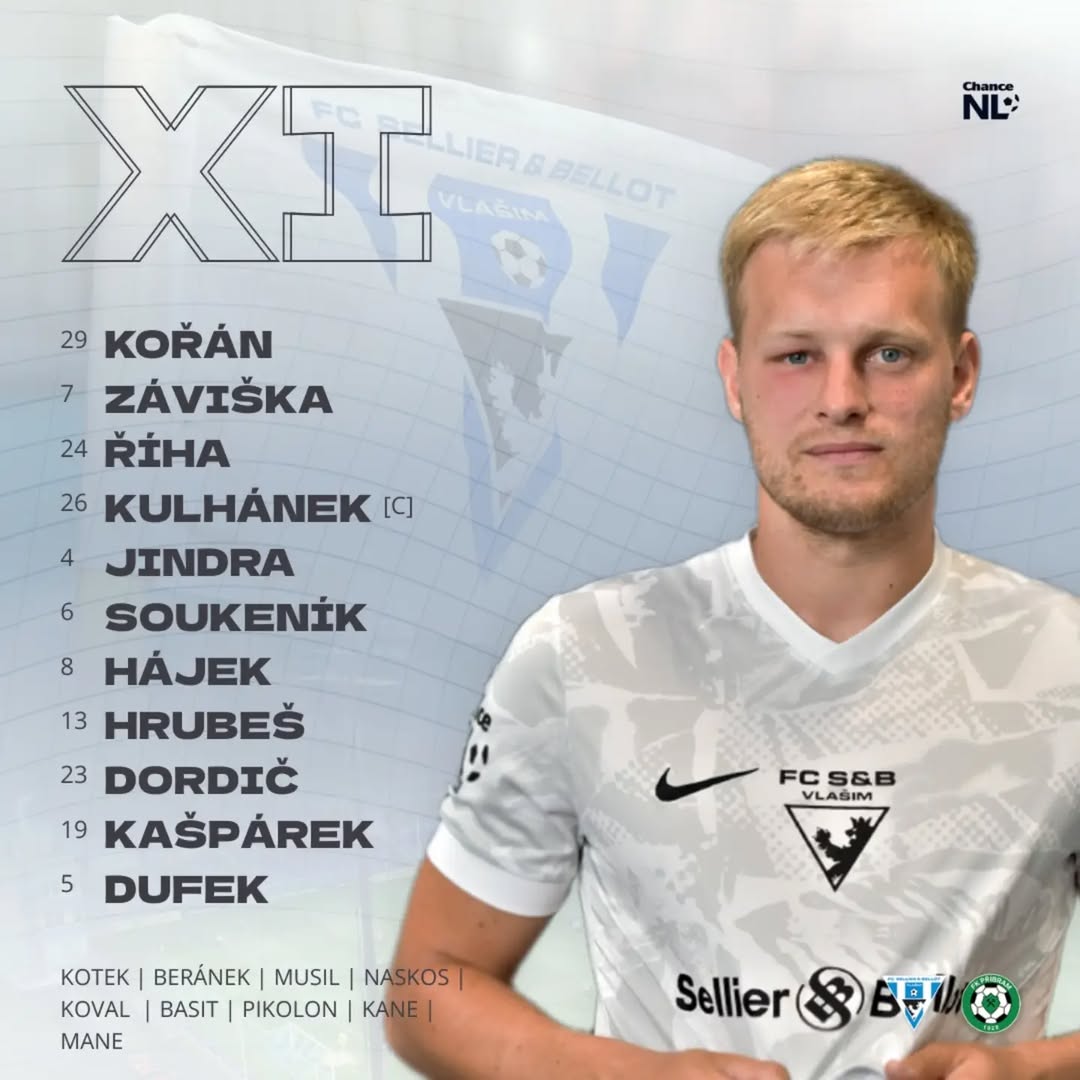 Oficiální grafika FC Sellier a Bellot Vlašim se základní sestavou na zápas s Příbramí