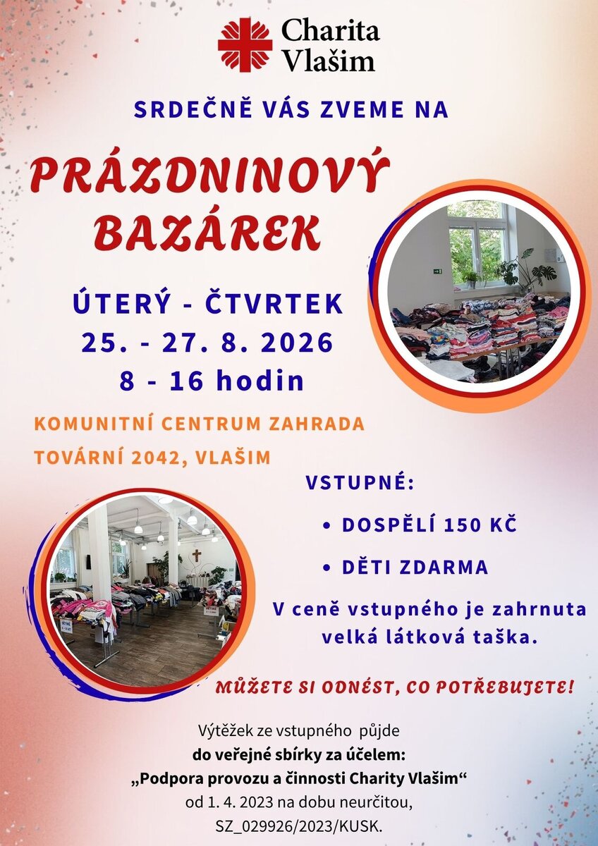 Plakát akce Prázdninový bazárek 2026 Charity Vlašim