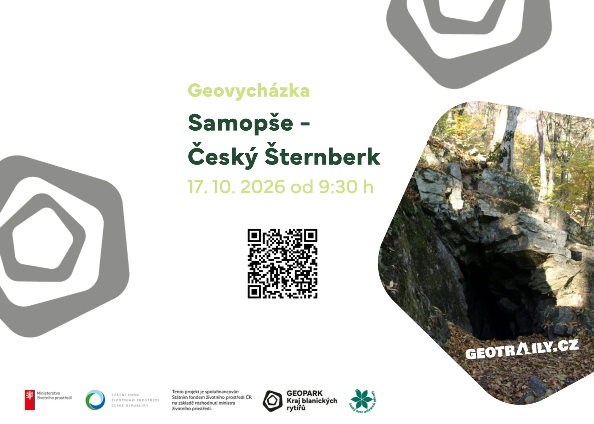 Plakát geovycházky Samopše a Český Šternberk se snímkem Drahňovické jeskyně