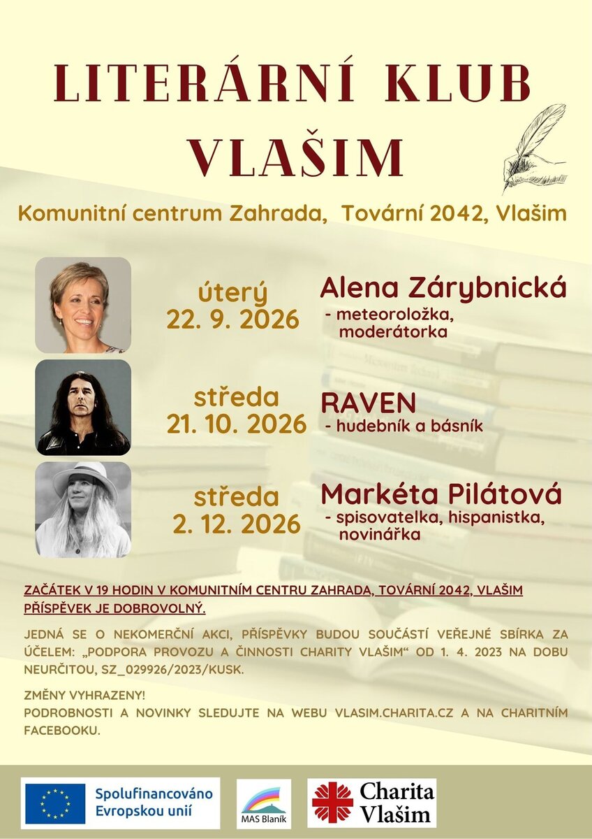 Plakát Literárního klubu Vlašim s hostem Ravenem, 21. října 2026 v KC Zahrada